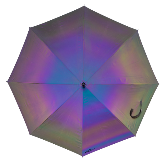 Dark Iridescent reflective canopy on a traditional solid one-piece maplewood stick frame, mahogany stained