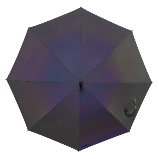 Dark Iridescent reflective canopy on a traditional solid one-piece maplewood stick frame, mahogany stained 