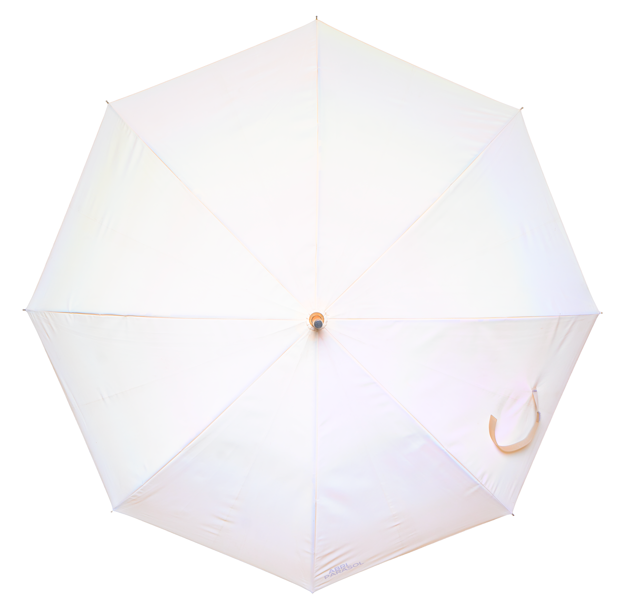 Light Iridescent reflective canopy on a traditional solid one-piece maplewood stick frame, natural tone stained 