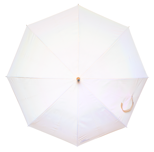 Light Iridescent reflective canopy on a traditional solid one-piece maplewood stick frame, natural tone stained 